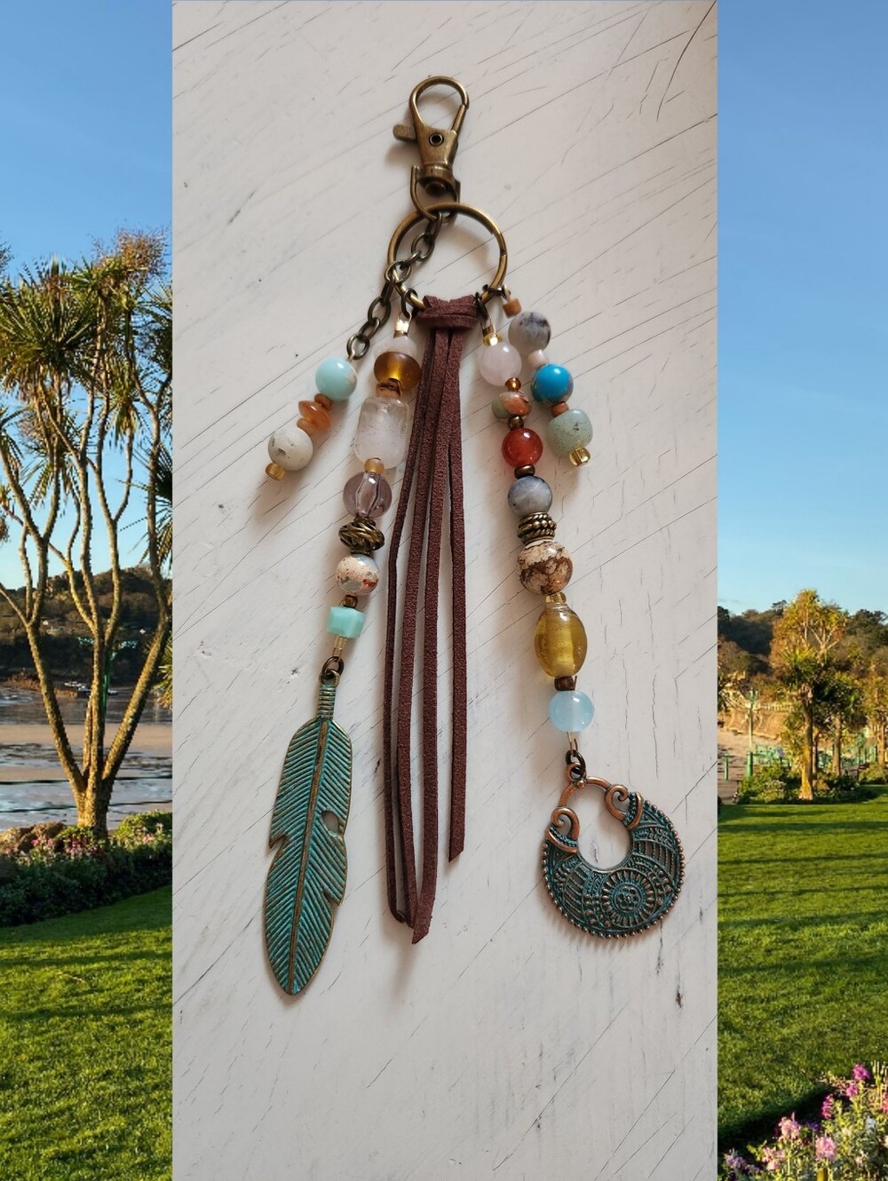 Handmade Boho Feather & Bead Keychain Purse Charm